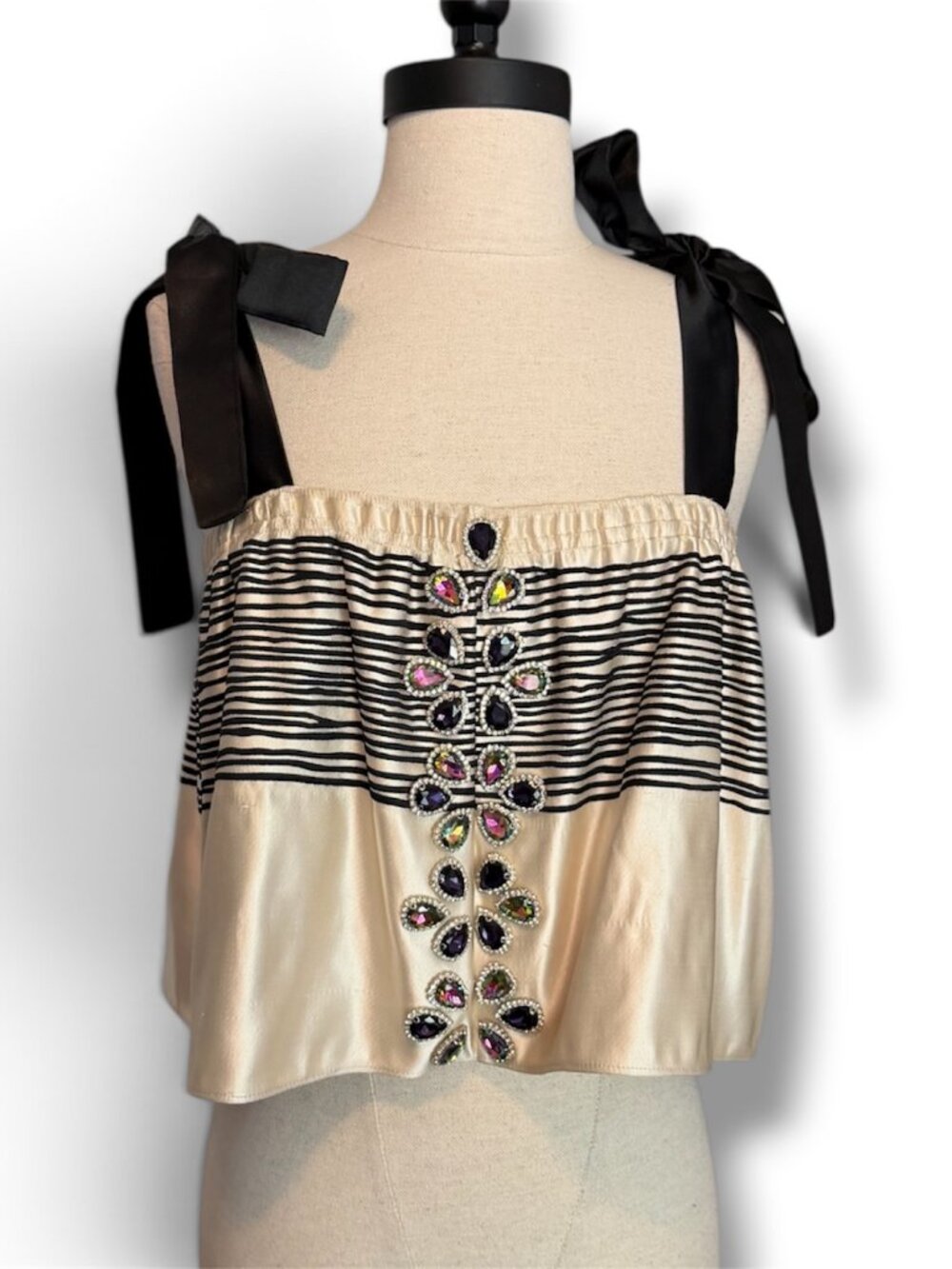 Upcycled Cream Black Striped Satin Shoulder Tie Rhinestone Crop Top